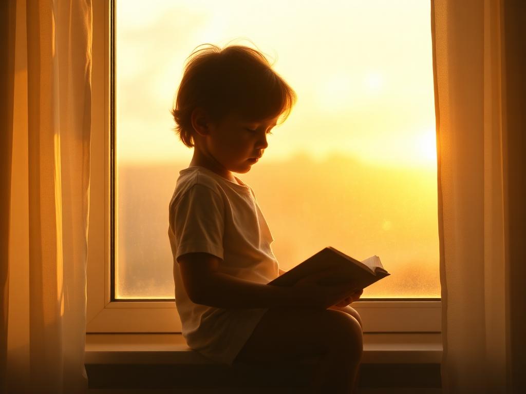 A child reading at home in soft morning light