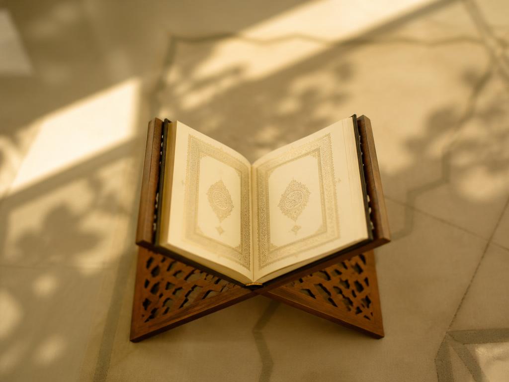 An open Quran on a carved wooden rehal in soft morning light